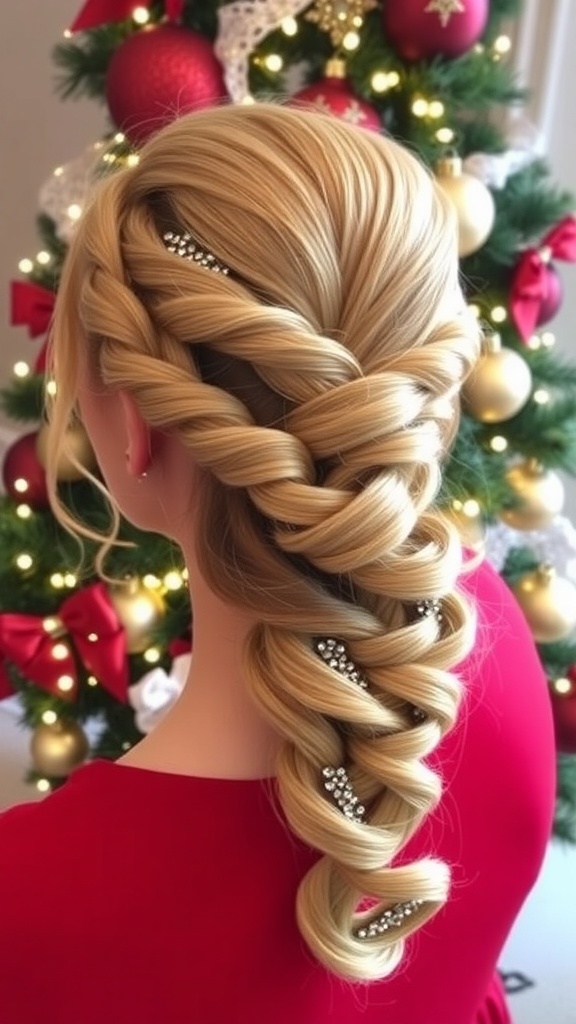 Elegant Christmas updo hairstyle with braids and hairpins, paired with a red dress in a festive setting.